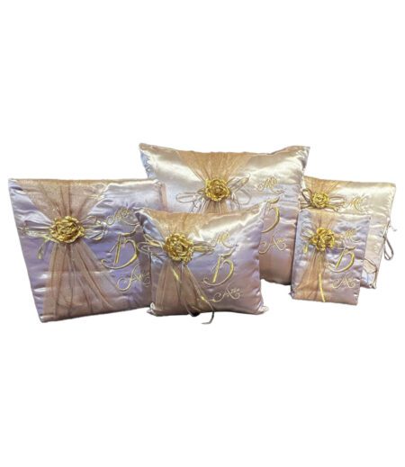 Gold and Gold 5 Piece Quinceanera Set Mis Quince Set with Kneeling Pillow, Tiara Pillow, Guestbook, Photo Album, Spanish Bible, My Sweet 15 Decorations (Copy)