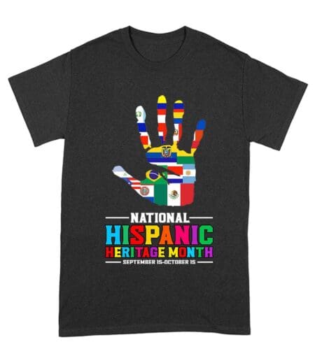 Celebrate National Hispanic Heritage Month: Hand with Country Flags T-Shirt Unisex Adult – Viva Party